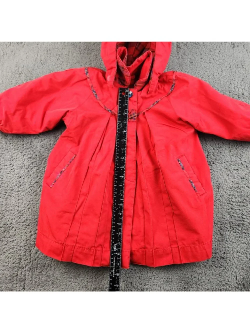 VTG Rothschild Pea Coat Girls‎ 3T Red Blue Fur Lined Bow Pleated Hooded Holiday
